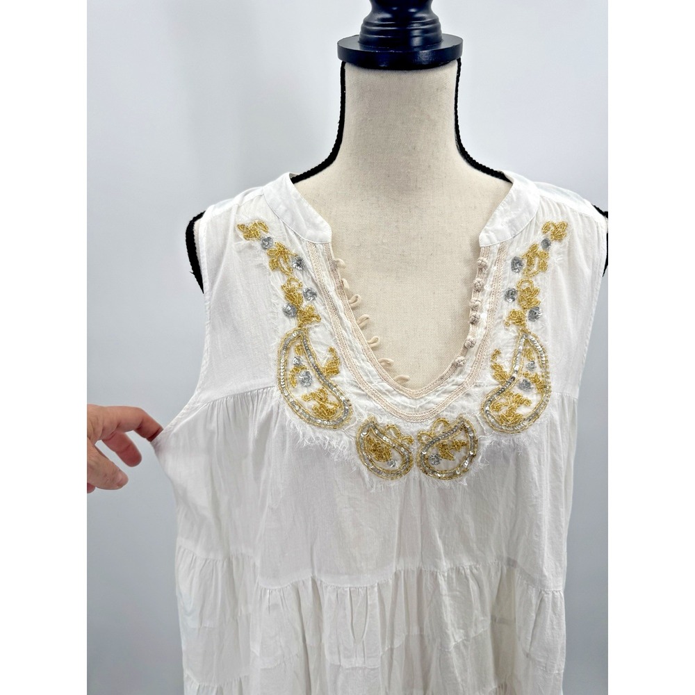 Free People White Cotton Tiered Dress Medium Beach Cover Up Gold Crochet Trim - Picture 4 of 12